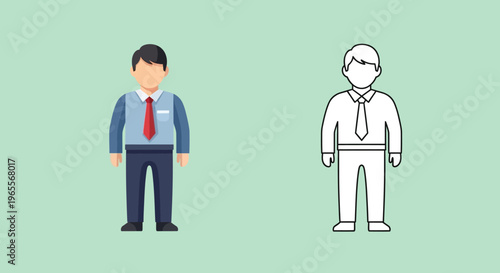 Businessman Character Illustration Set in Flat Color and Line Art Styles - Professional Male Employee Office Worker Icon for Corporate Design and Presentations
