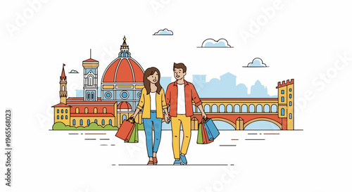 Couple holds hands, shopping bags, with cityscape in background