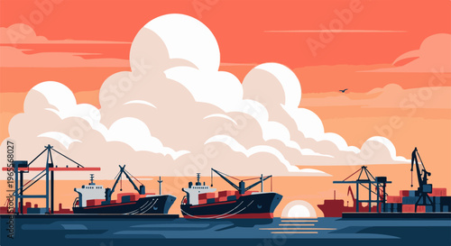 Cargo ships at a harbor with cranes and a sunset sky