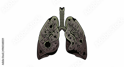 Damaged human lungs with dark spots and diseased texture
