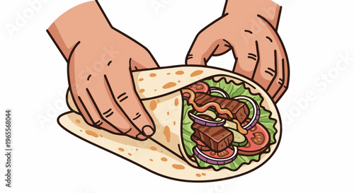 Close-up of hands assembling a delicious wrap with meat and fresh vegetables