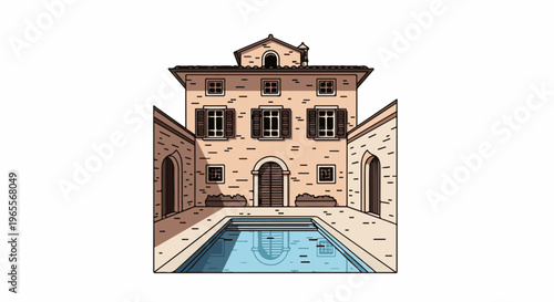 Courtyard with a swimming pool and a three-story building
