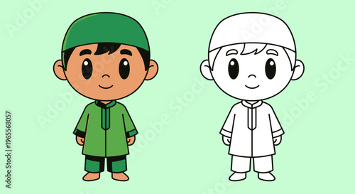 Cute Muslim Boy Cartoon Character with Coloring Page Line Art Illustration for Ramadan and Eid Activities