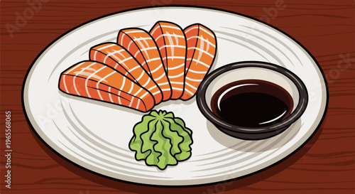 Salmon sashimi with wasabi and soy sauce on a white plate on a wooden table