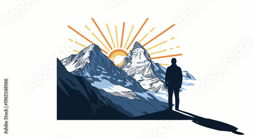 Silhouette of a person facing majestic snow-capped mountains at sunrise