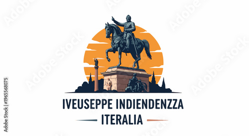 Equestrian monument against a striped sun, featuring text below