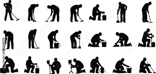 Silhouette vector illustration of workers using mop, bucket, and cleaning tools, janitorial service poses, housekeeping icons, sanitation work, hygiene maintenance