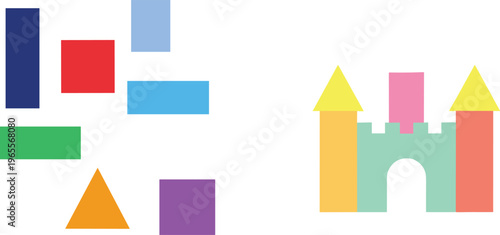 Geometric Shapes Building Castle Concept with Colorful Blocks and Toy Castle Made from Basic Shapes Vector Illustration for Kids Education Design