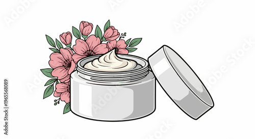 Cream jar with pink flowers and leaves, lid open