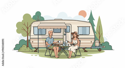 Couple enjoying a meal outdoors next to their caravan