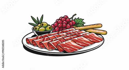 Sliced cured meat, grapes, olives, and breadsticks on a white plate