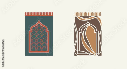 Minimalist Islamic Prayer Mat Illustrations with Arch and Geometric Patterns - Set of Two Modern Sajadah Designs for Ramadan and Eid Mubarak