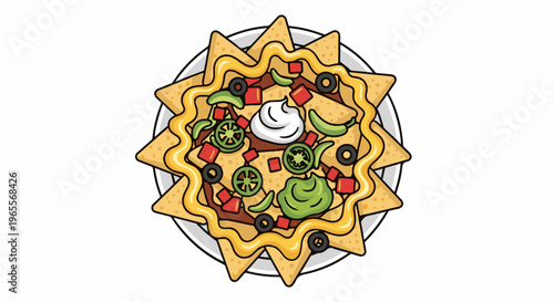 Delicious nachos with cheese, guacamole, jalapenos, olives, and sour cream