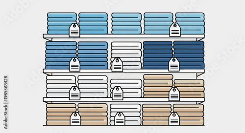 Stacked folded textiles in various colors displayed on shelves with price tags