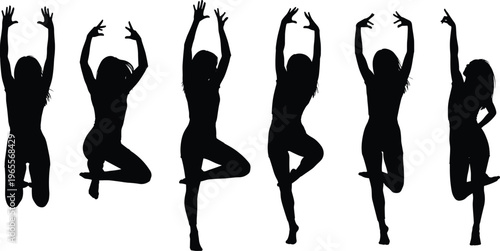Silhouette vector illustration of young women in graceful dance or yoga poses, expressing movement, balance, elegance, fitness, mindfulness, and creativity