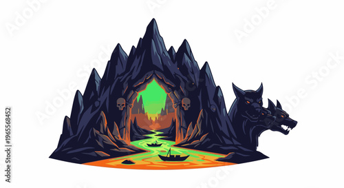 Dark jagged mountains with glowing river and three-headed dog guard