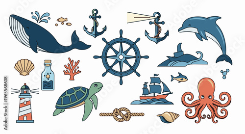 Collection of nautical and marine life illustrations