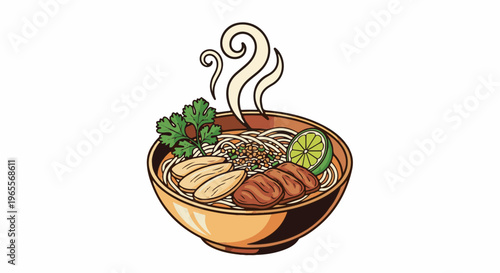 Steaming bowl of noodles with meat, lime, and herbs, garnished