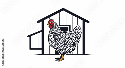Striking black and white barred chicken stands before a dark coop
