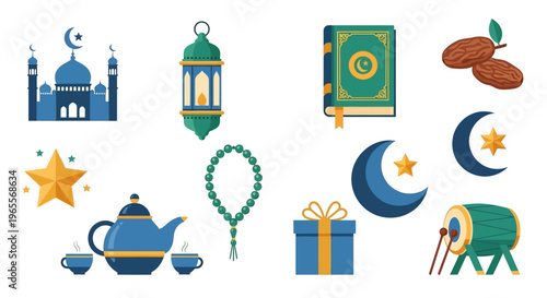 Ramadan Kareem and Eid Mubarak Islamic Icon Set with Mosque, Quran, Lantern, Prayer Beads, Dates, and Crescent Moon Flat Vector Illustration Isolated on White