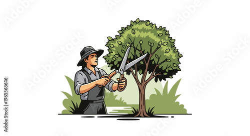 Gardener trims branches of a leafy tree with large shears