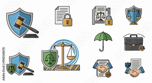 Collection of legal icons scales, gavel, shield, umbrella, briefcase, handshake