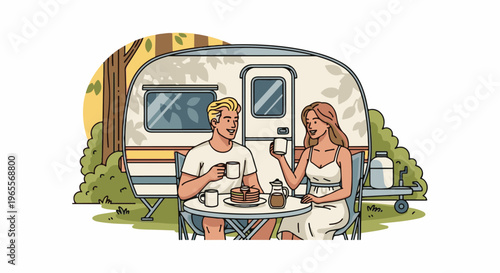 Couple enjoying a campsite breakfast with pancakes and coffee next to their trailer