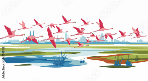 Flock of pink flamingos flying over a marshy landscape with city skyline