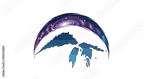 Stylized galaxy arc over abstract blue landmasses on white background