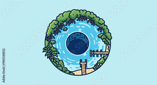 Circular tropical island scene with a dark opening in the water