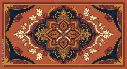 Vintage Persian Carpet Design with Ornate Floral Medallion and Terracotta Background - Traditional Oriental Rug Pattern Illustration