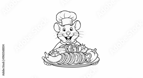 Cartoon chef mouse proudly presents a colorful platter of fresh vegetables