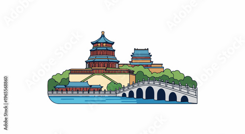 Stylized illustration of a Chinese imperial palace complex with tiered roofs, a bridge, and water