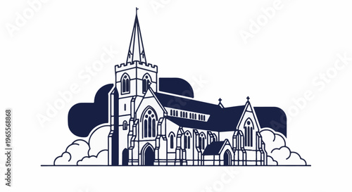 Stylized illustration of a church with a tall spire and arched windows, set against clouds