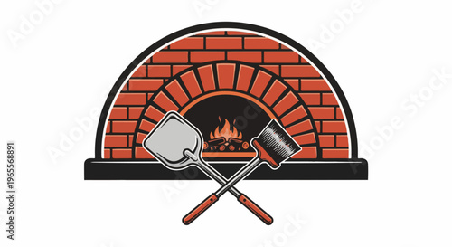 Crossed pizza peel and brush in front of a brick oven with fire