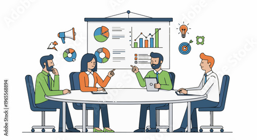 Business meeting with charts, graphs, and icons of ideas and targets