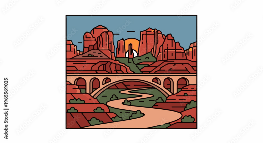 Obraz premium Iconic arched bridge spans a winding river through a red rock desert canyon