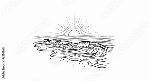 Stylized sunrise over ocean waves crashing on a sandy beach