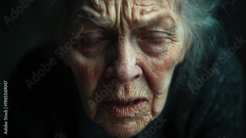 Extreme close up of an elderly angry woman screaming and looking at the camera in a dark room