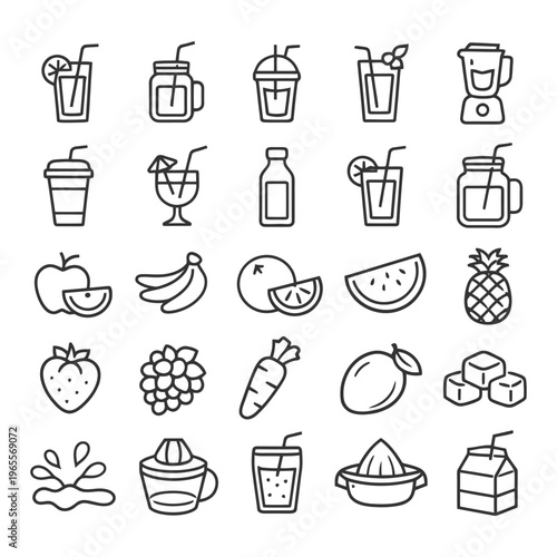 Outline icons of tropical drinks and fresh fruits for juicing theme.