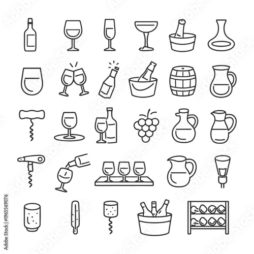 Wine icons set: glasses, bottles, barrels, corkscrews, carafes, and grapes.