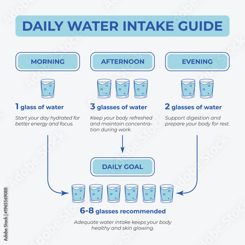 Daily water intake guide infographic hydration chart with glasses.