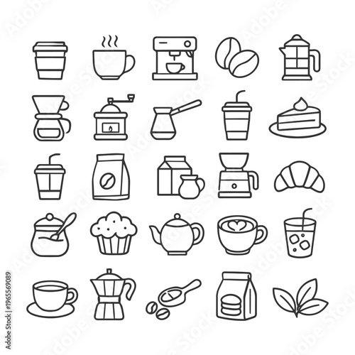 Coffee and pastry line icons: cups, machines, beans, desserts.