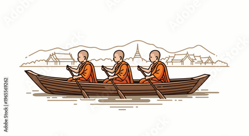 Three monks in saffron robes paddle a long boat across water, with distant temples