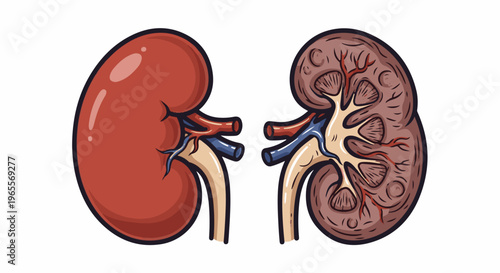 Two kidneys, one whole, one cut revealing internal structure and vessels