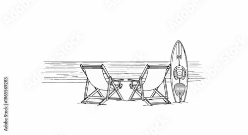 Two chairs and a surfboard await beachgoers by the gentle waves