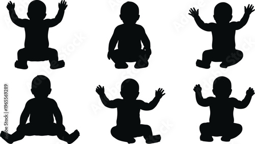 Silhouette vector of babies sitting with hands raised in various poses, perfect for baby development, childcare, education, or parenting design projects.