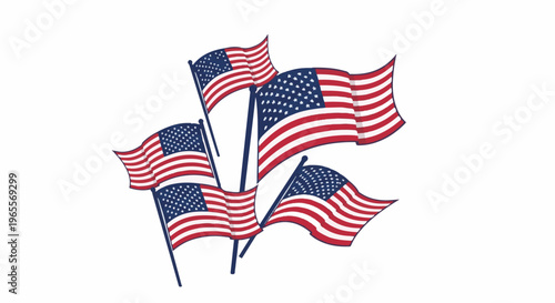 Five fluttering national flags waving on poles against a white background