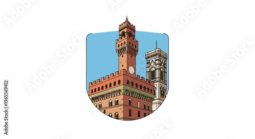 Medieval towers and buildings rendered in a flat, illustrative style against blue sky