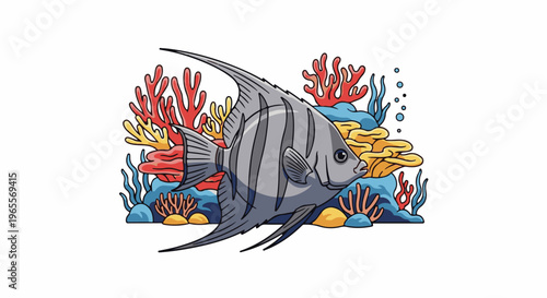 A stylized, grey angelfish swims through colorful coral and seaweed